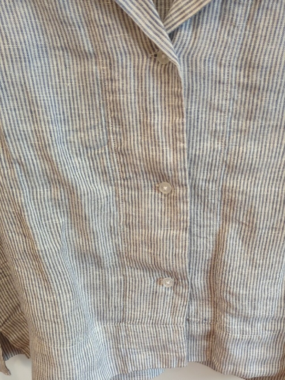 Coastal Quince Blue White Pin stripe Linen Short Sleeve Button Up Boxy Crop Lg - Picture 3 of 5